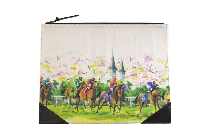 Pouch with a horse race design on a white background
