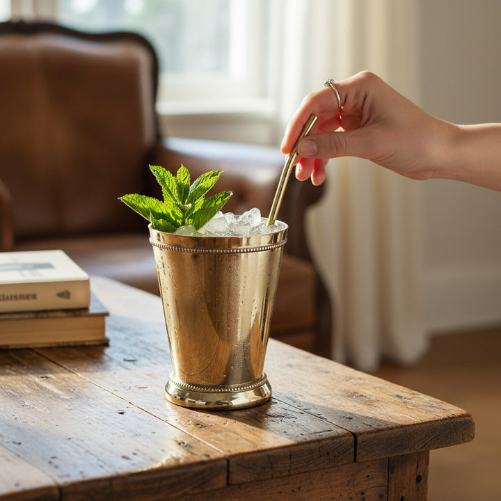 A lifestyle photo of the brass julep cup filled with crushed ice and a fresh mint sprig, sitting on a wooden table next to a leather armchair, evoking a cozy, traditional Kentucky atmosphere.