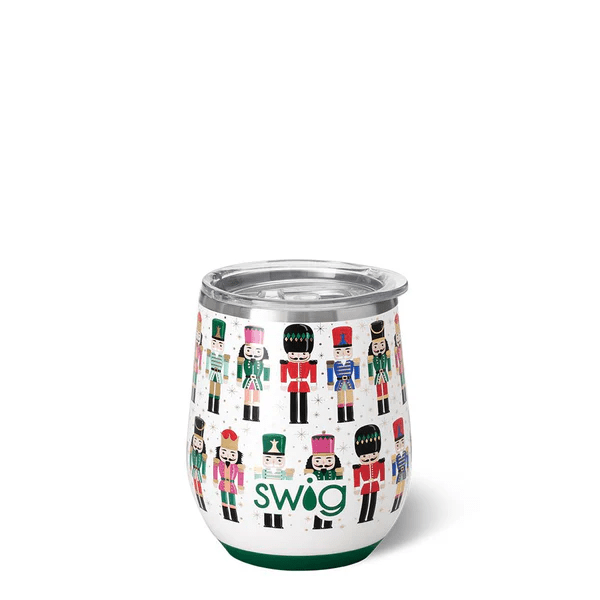 12oz stemless wine cup in Classic Nutcracker print with a dark green base and a clear slider lid.