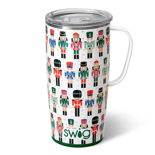 classic-nutcracker-22oz-travel-mug-handle.jpg
Alt text: 22oz travel mug in Classic Nutcracker print featuring a white handle and a spill-resistant slider lid.