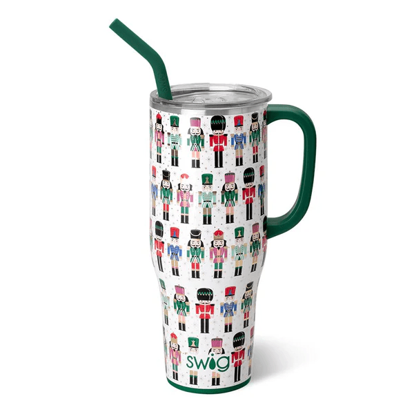 40oz Mega Mug in Classic Nutcracker print with a green handle and matching green straw.