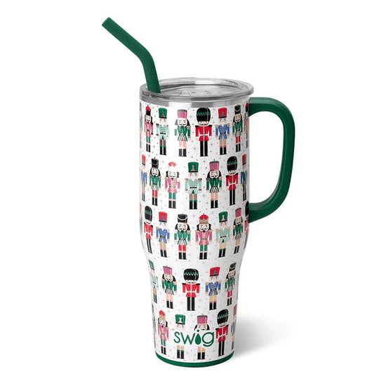 40oz Mega Mug in Classic Nutcracker print with a green handle and matching green straw.