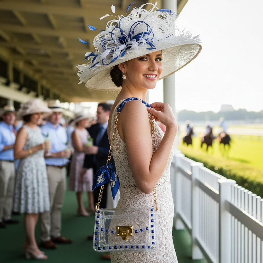 Woman in a stylish hat and a crossbody clear purse and dress at a horse race track for Kentucky Derby