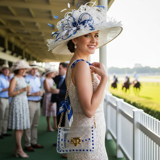 Woman in a stylish hat and a crossbody clear purse and dress at a horse race track for Kentucky Derby