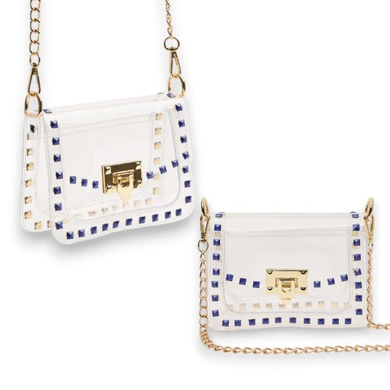 Two clear handbags with blue studded pattern and gold accents on a white background