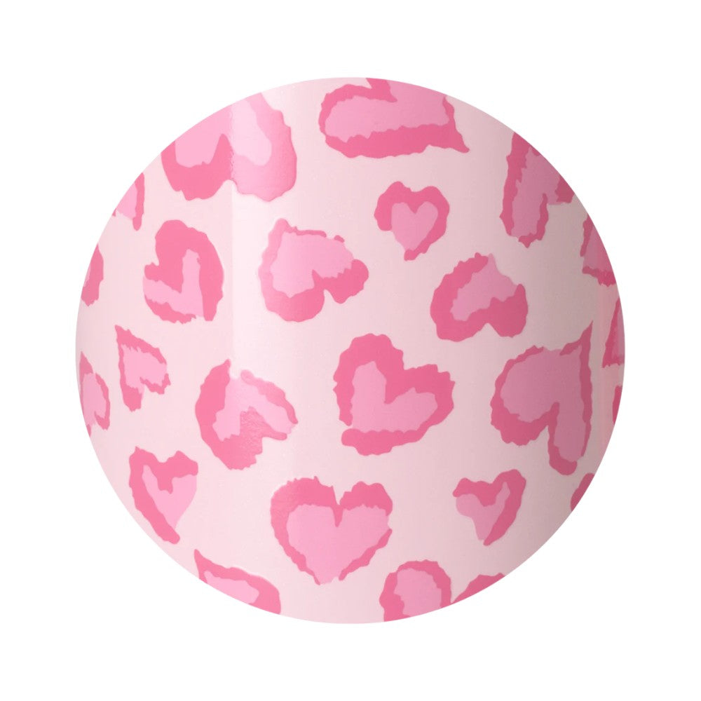 Detail shot showing the pink heart-shaped leopard print texture on the stainless steel surface.