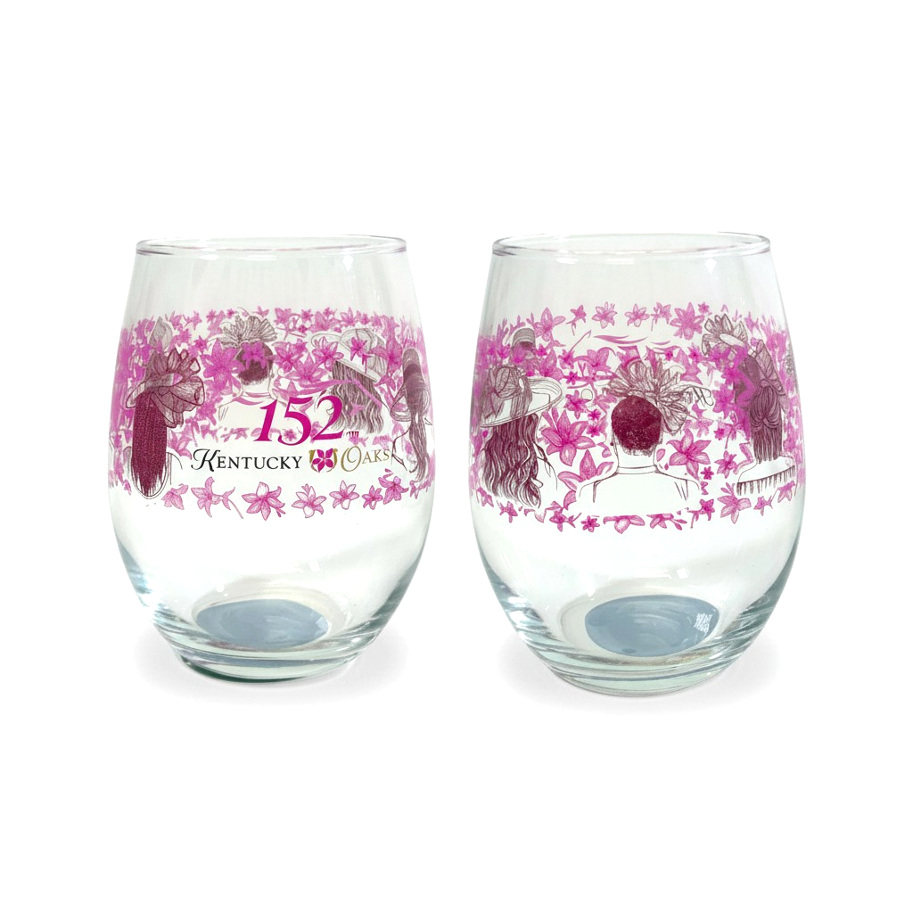 A detailed close-up showing the beautiful floral and fashion artwork on the Oaks glass.