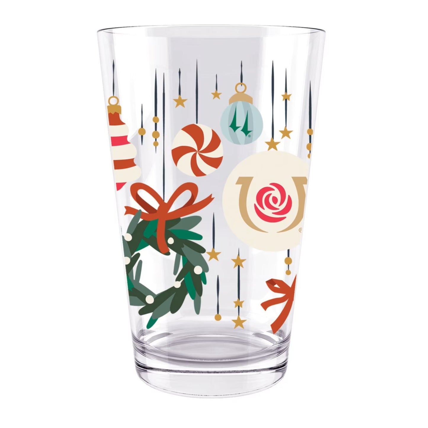 A detailed close-up of the Churchill Downs and holiday-themed artwork on the pint glass.