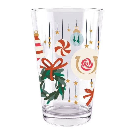 A detailed close-up of the Churchill Downs and holiday-themed artwork on the pint glass.