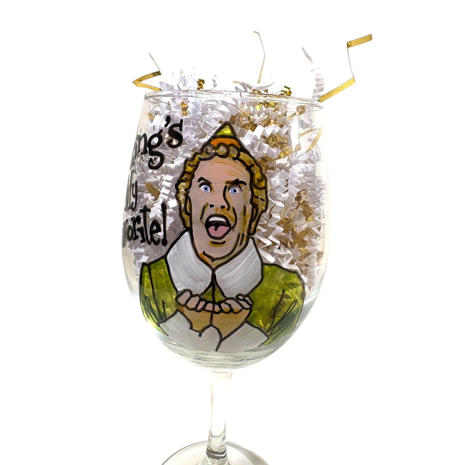 A detailed close-up of the whimsical elf illustration hand-painted on the wine glass.
