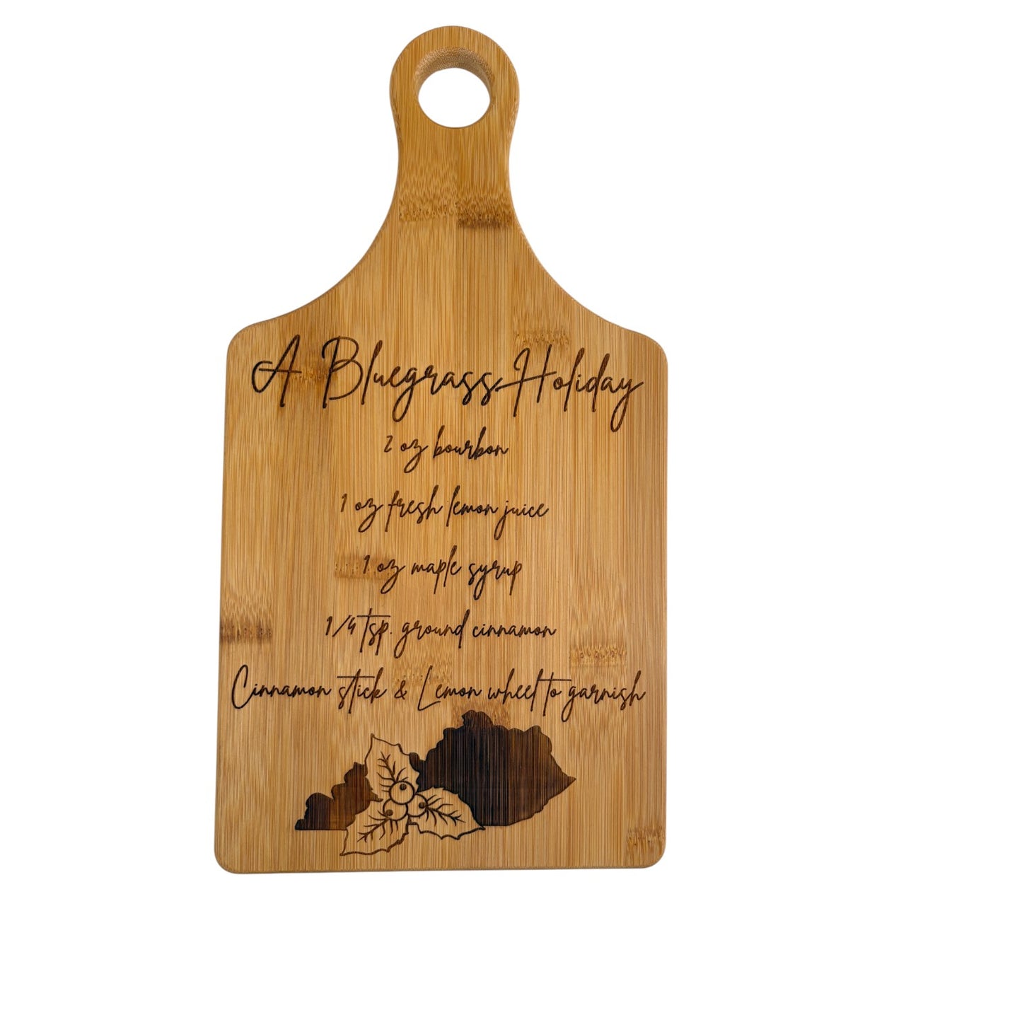 Wooden cutting board with laser-engraved text and a map of Kentucky on a white background