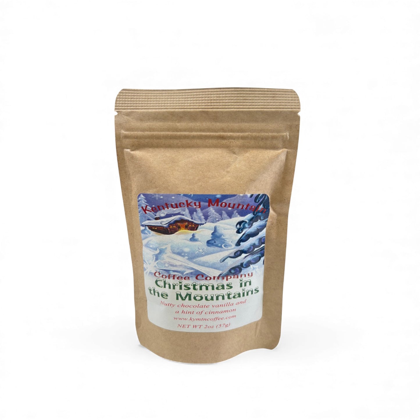 Kentucky Mountain Coffee Company packaging with a snowy mountain scene on a white background