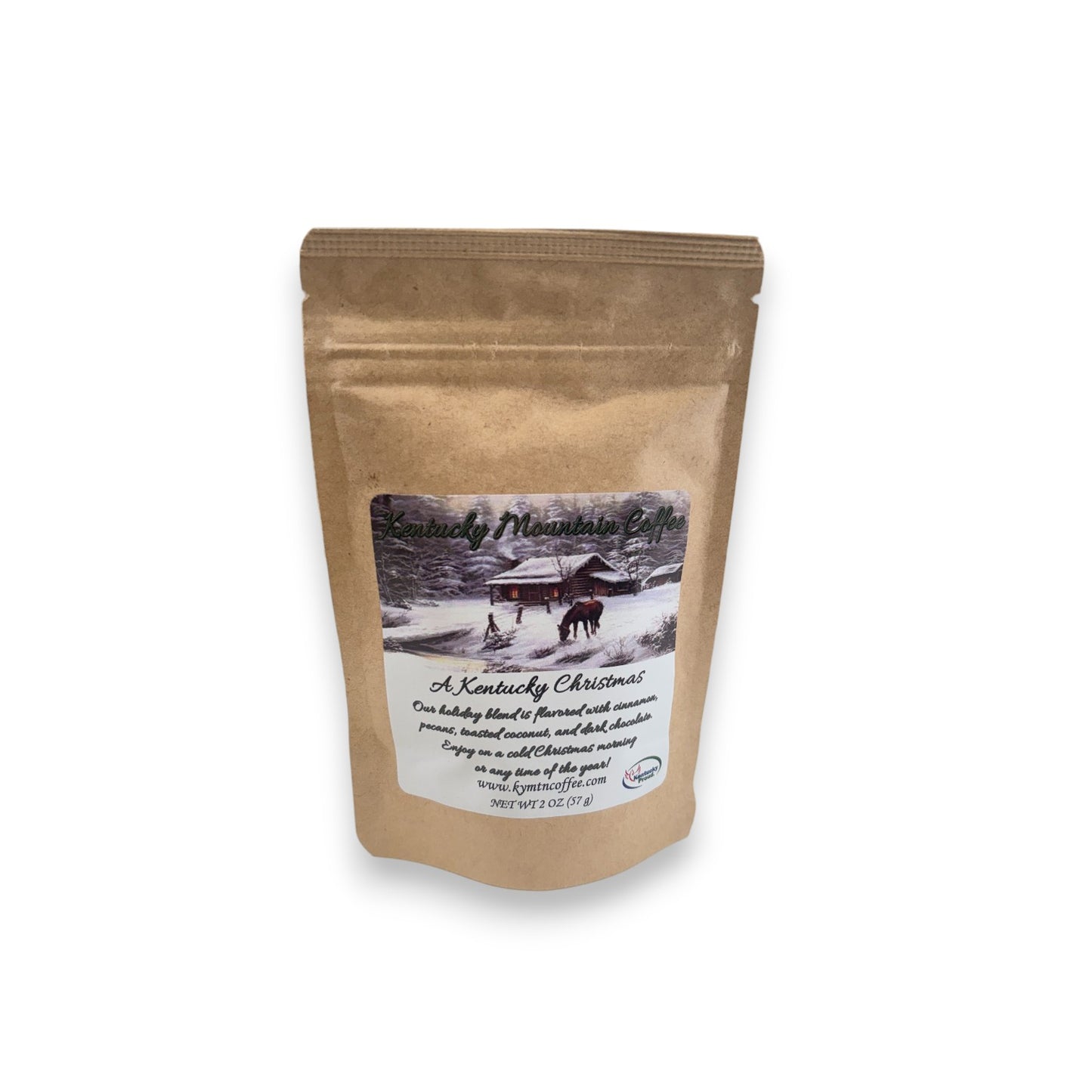 A close-up shot highlighting the festive design and A Kentucky Christmas coffee pack.