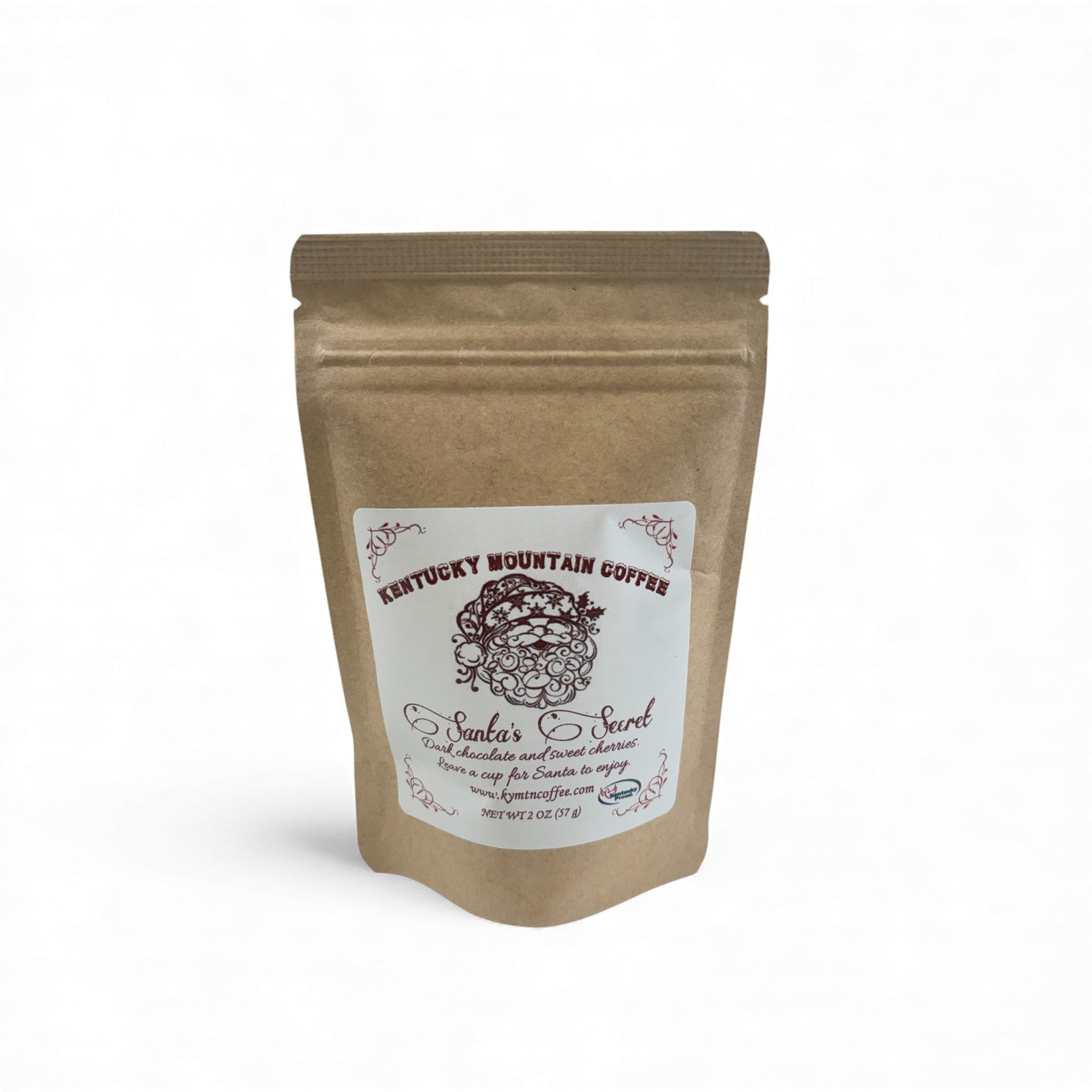 A close-up shot highlighting the festive design and Santa's Secret coffee pack.