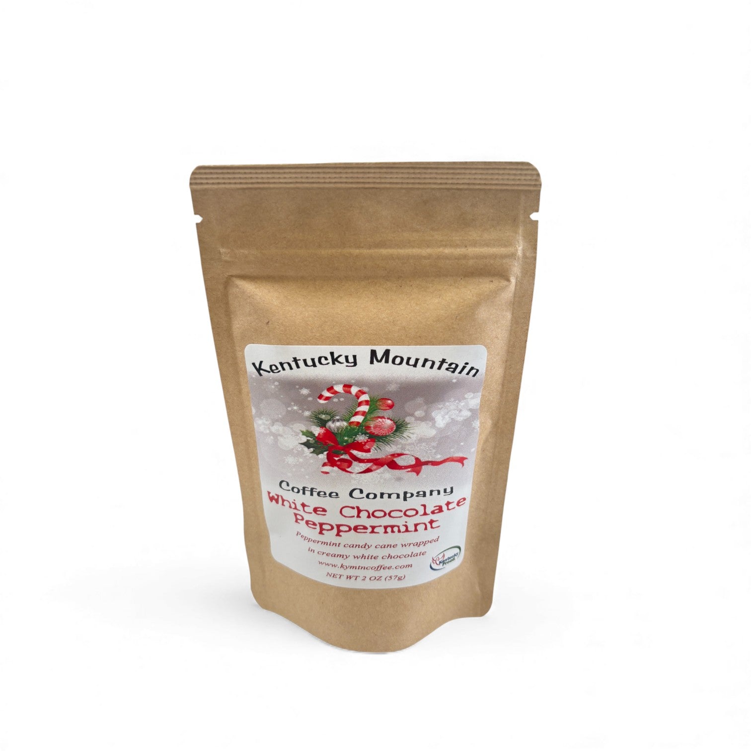 coffee package with a label for Kentucky Mountain Coffee Company's White Chocolate Peppermint flavor on a white background.