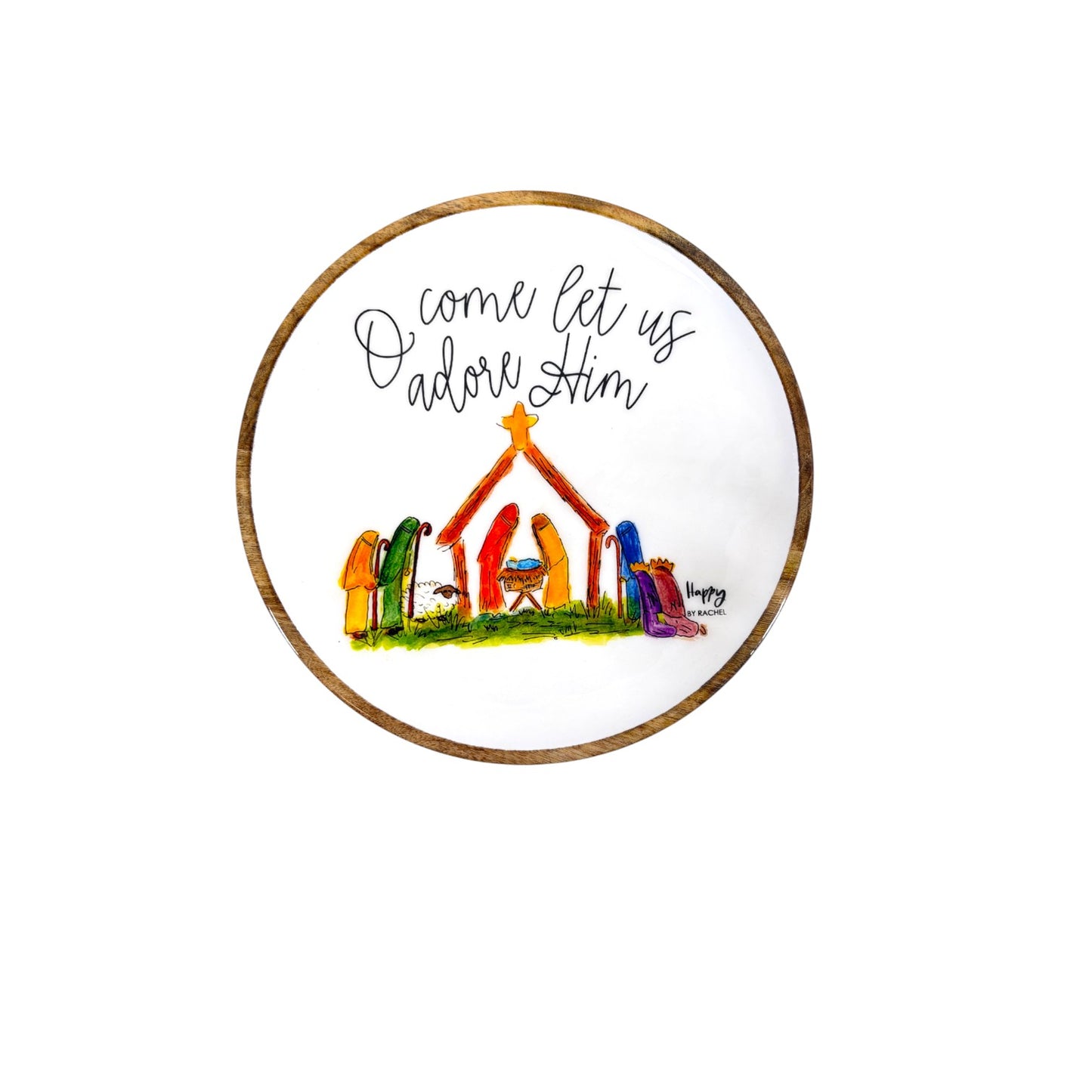 A close-up view highlighting the serene artwork of the Nativity scene on the tray.