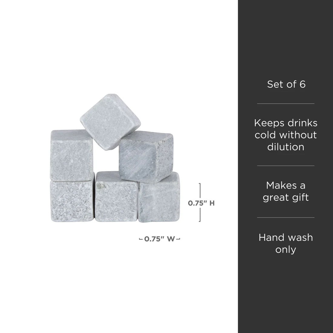 A set of six gray Viski Glacier Rocks soapstone cubes arranged neatly.