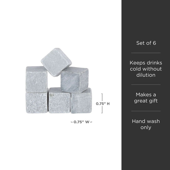 A set of six gray Viski Glacier Rocks soapstone cubes arranged neatly.