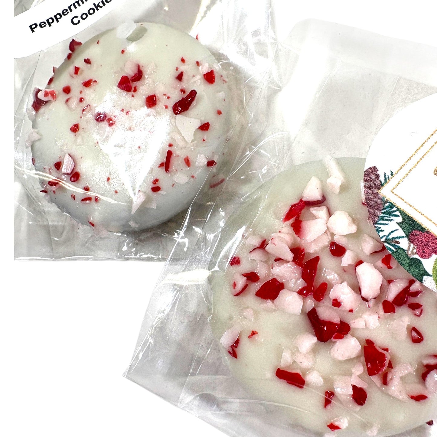 A detailed close-up shot showing the texture of the peppermint crunch on the white chocolate cookie.