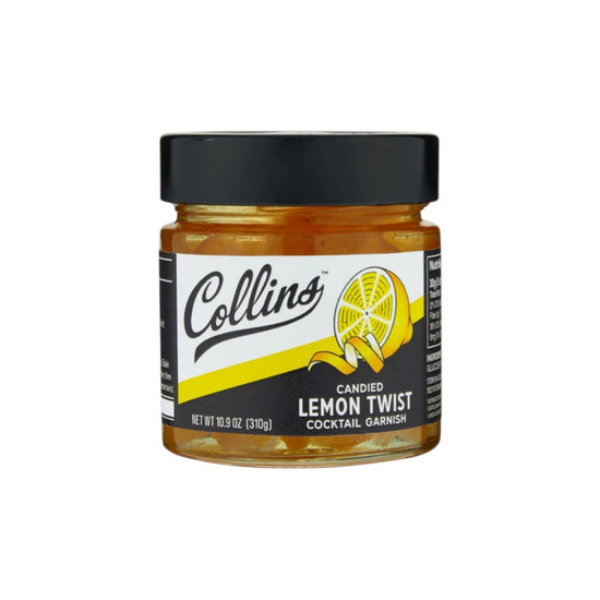 Jar of Collins Candied Lemon Twist cocktail garnish on a white background