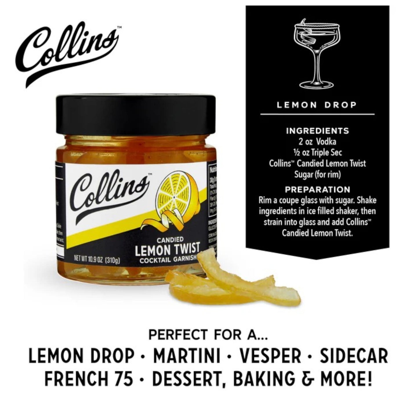 Collins candied lemon twist with lemon drop cocktail recipe card on a white background