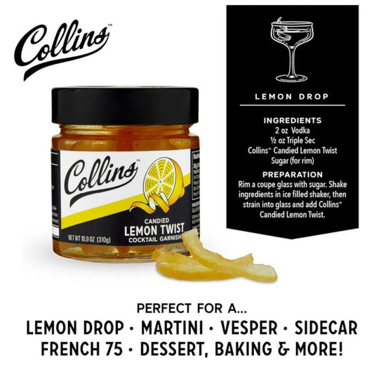 Collins candied lemon twist with lemon drop cocktail recipe card on a white background