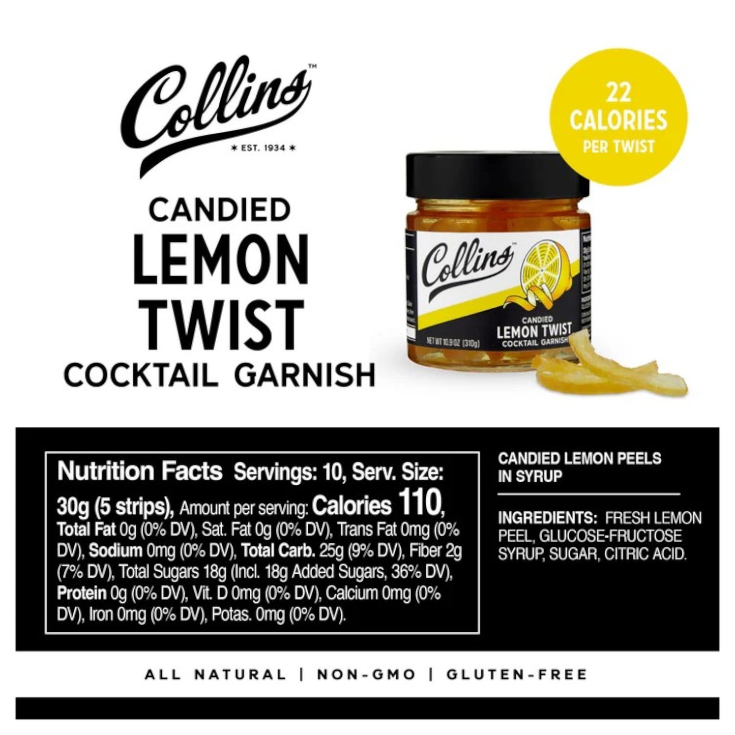 Collins Candied Lemon Twist cocktail garnish with packaging and nutrition facts on a white background