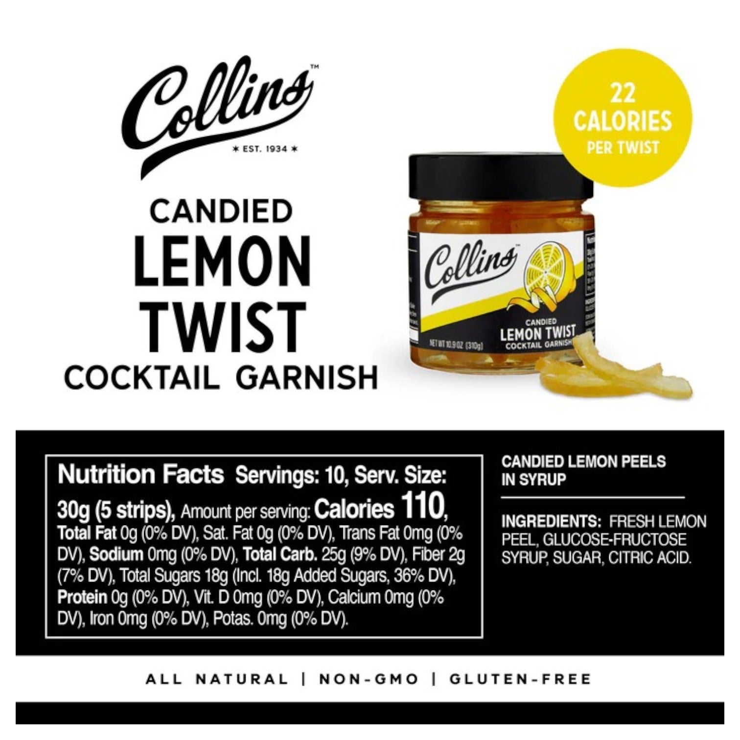 Collins Candied Lemon Twist cocktail garnish with packaging and nutrition facts on a white background