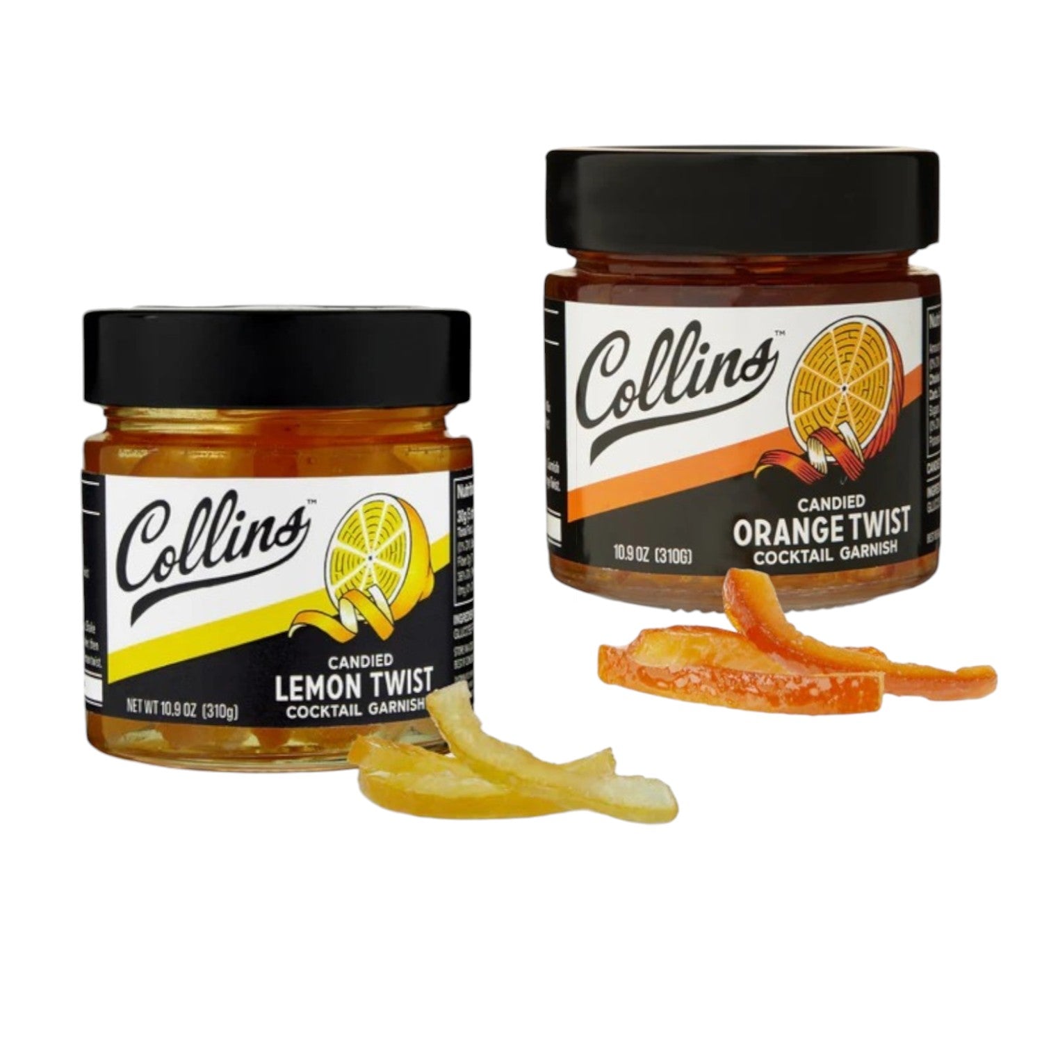 Two jars of Collins brand candied orange and lemon twists on a white background