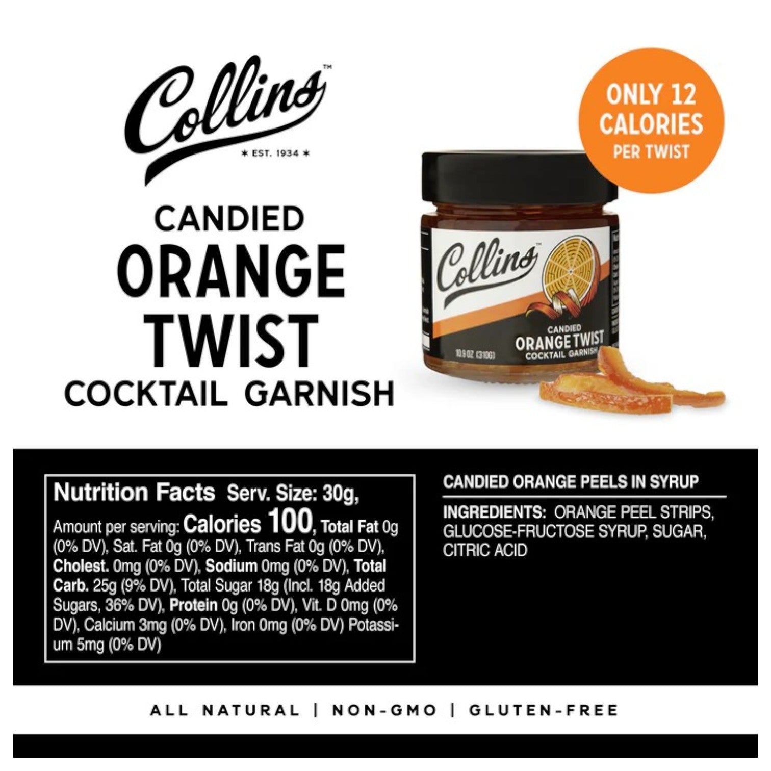 Collins Candied Orange Twist cocktail garnish with packaging and nutritional information on a white background