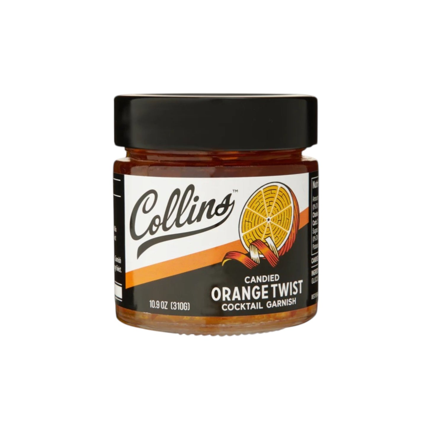Jar of Collins Candied Orange Twist cocktail garnish on a white background