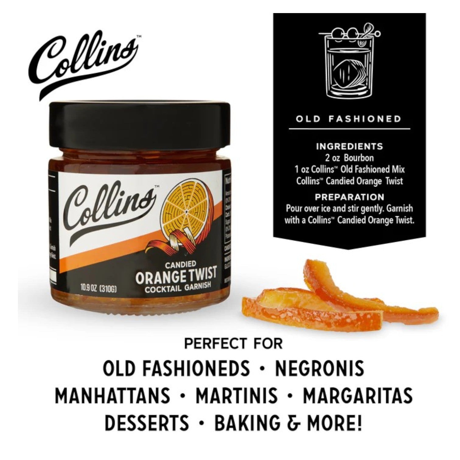 Collins Candied Orange Twist cocktail garnish with packaging and usage information.