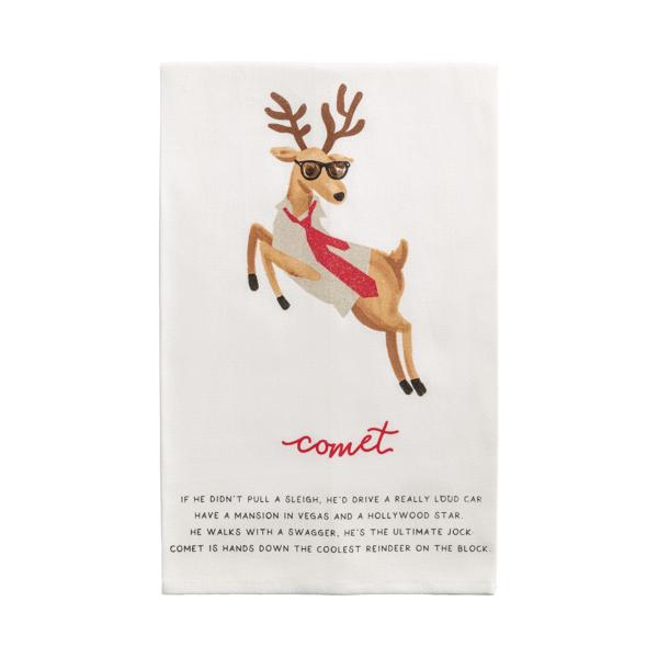 tea towel with a reindeer wearing sunglasses and a sweater, labeled 'comet', on a white background.