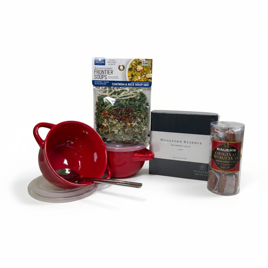 Gift basket contents: two bowls, spoons, soup mix, Modjeskas, and bourbon balls.