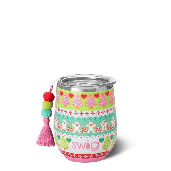 12oz stemless wine cup in Cookie Jar print with a spill-resistant lid and a colorful pom-pom tassel charm.