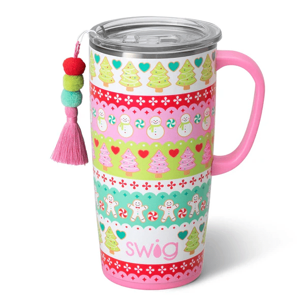 22oz travel mug in Cookie Jar print featuring a pink handle and a festive pom-pom tassel charm.