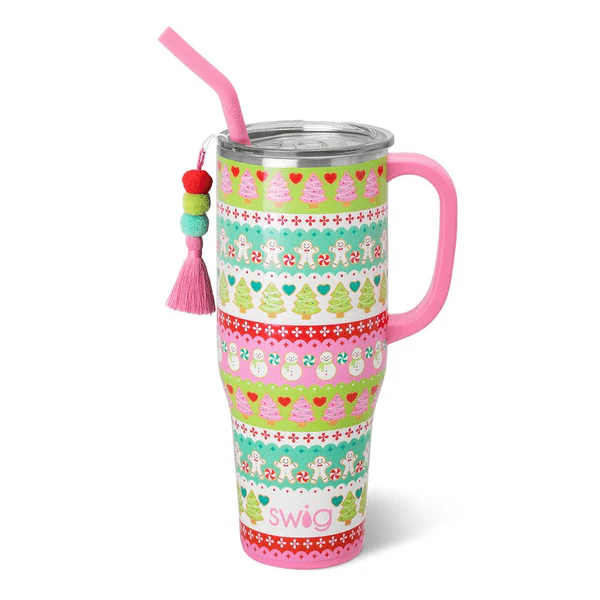 40oz Mega Mug in Cookie Jar print with a pink handle, straw, and a multi-color pom-pom tassel charm.