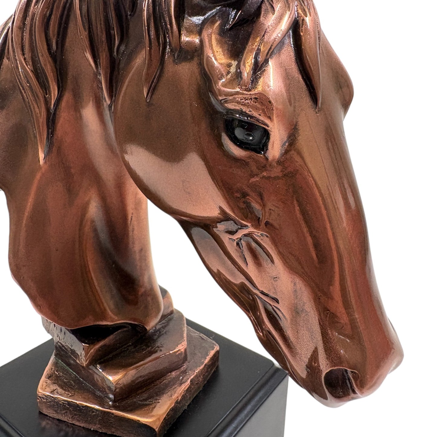 A close-up of the 7.5-inch tall copper horse head, highlighting the detailed mane and expressive features.