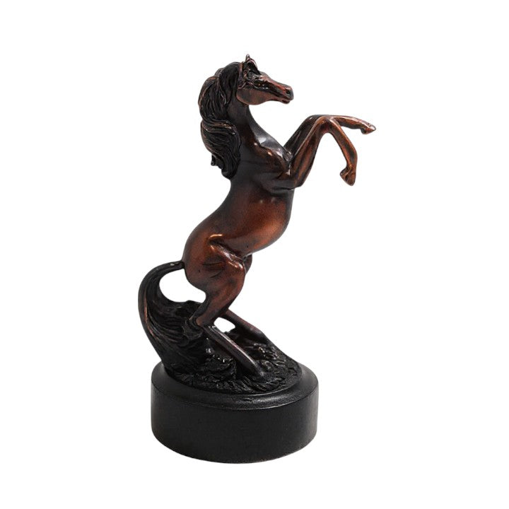 Side profile of the 7-inch copper horse statue, highlighting its elegant silhouette on a black base.