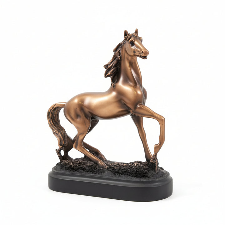 The elegant copper standing horse sculpture displayed on a wooden bookshelf, adding a warm, equestrian touch to the room.