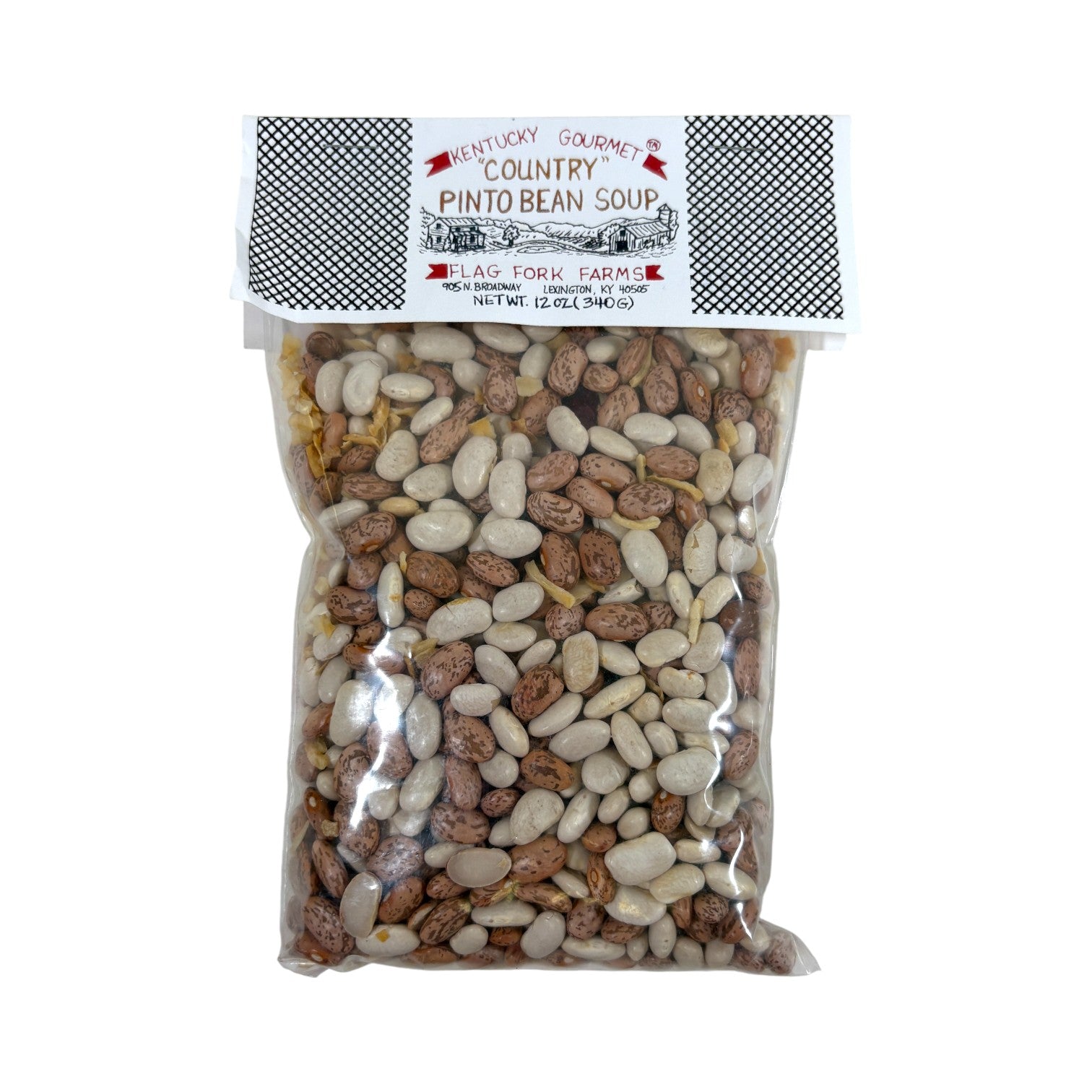 Bag of country pinto bean soup mix with a label on a white background
