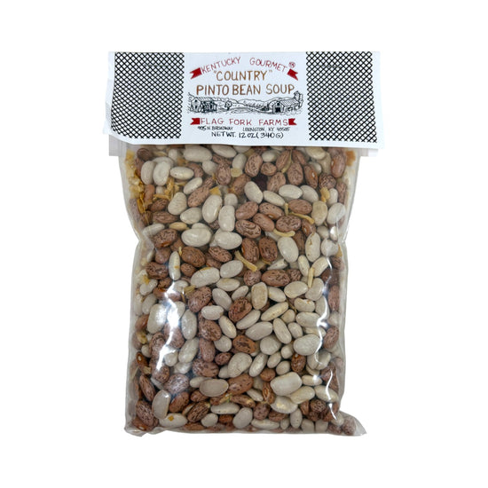 Bag of country pinto bean soup mix with a label on a white background