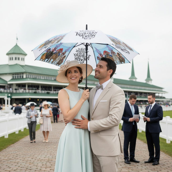 A smiling couple dressed in formal Kentucky Derby attire, including a light tan suit and a wide-brimmed floral hat, sharing the large umbrella while standing near the iconic Churchill Downs grandstand.