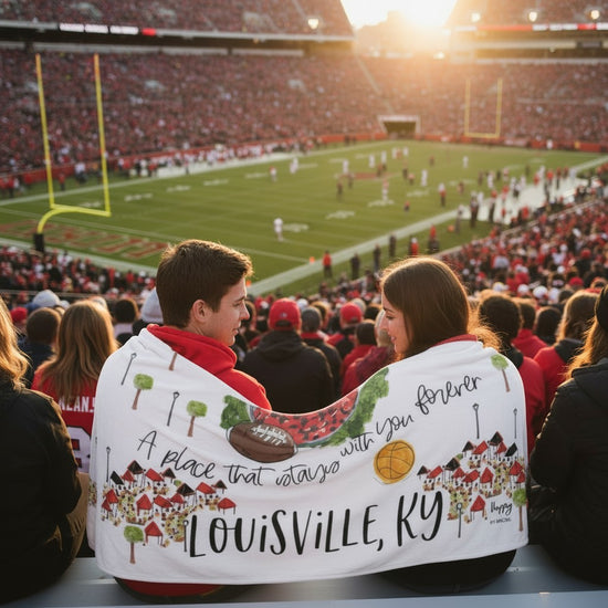 Couple sitting in stadium bleachers at a football game, sharing the custom Louisville watercolor fleece blanket during a golden hour sunset.