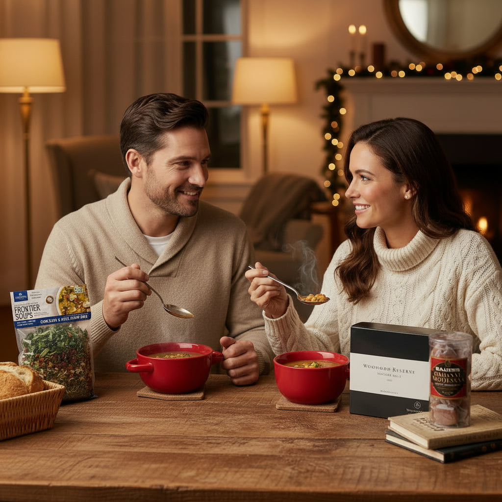 A warm lifestyle shot of two people enjoying soup from the included bowls on a cozy evening.