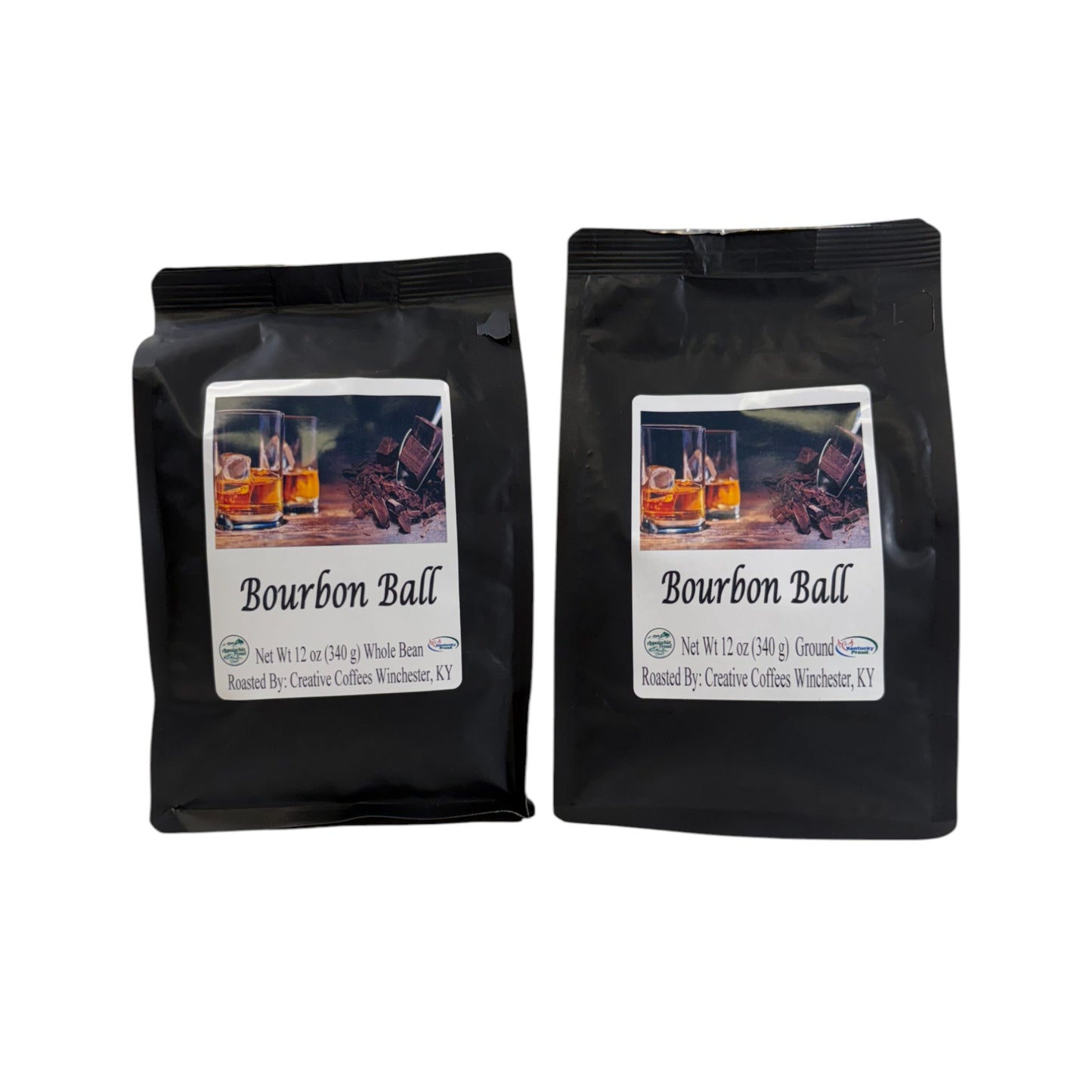 Two black coffee bags labeled 'Bourbon Ball' on a white background