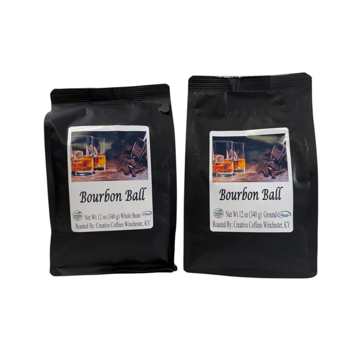 Two black coffee bags labeled 'Bourbon Ball' on a white background