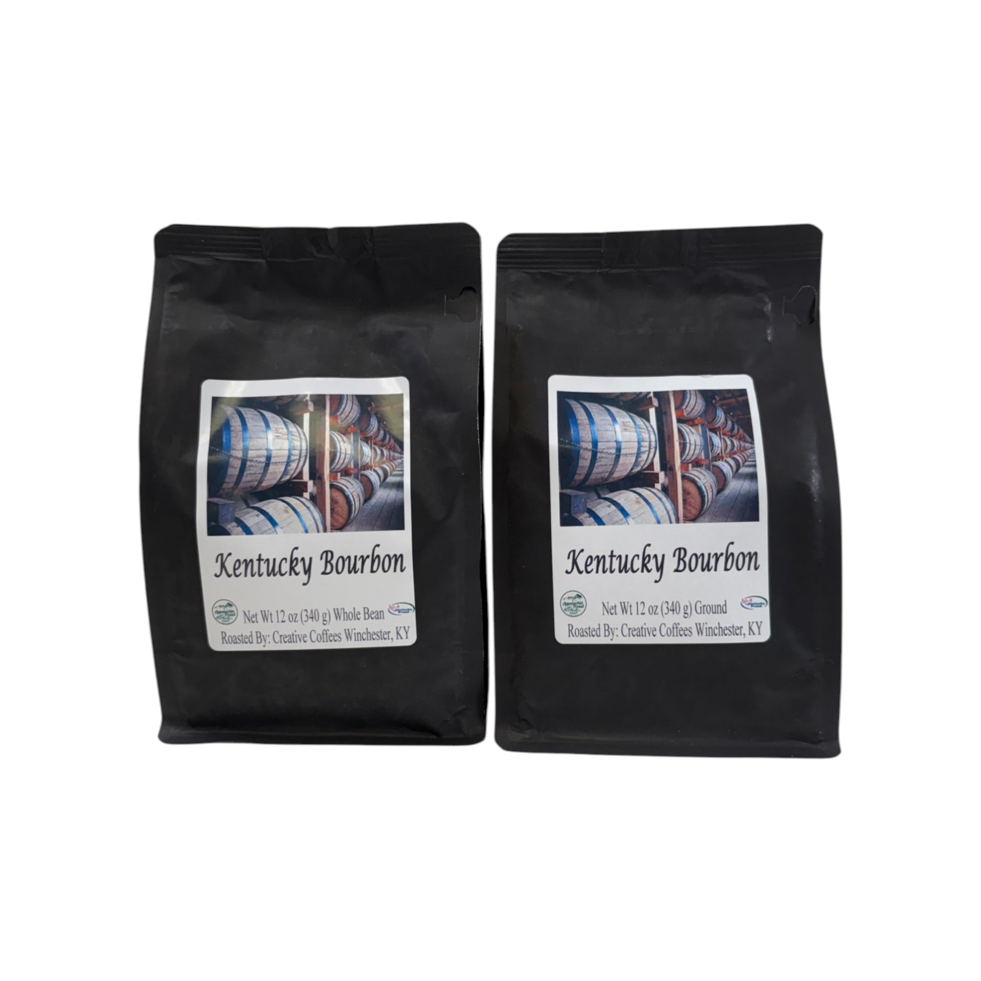 Two black coffee bags with 'Kentucky Bourbon' label on a white background