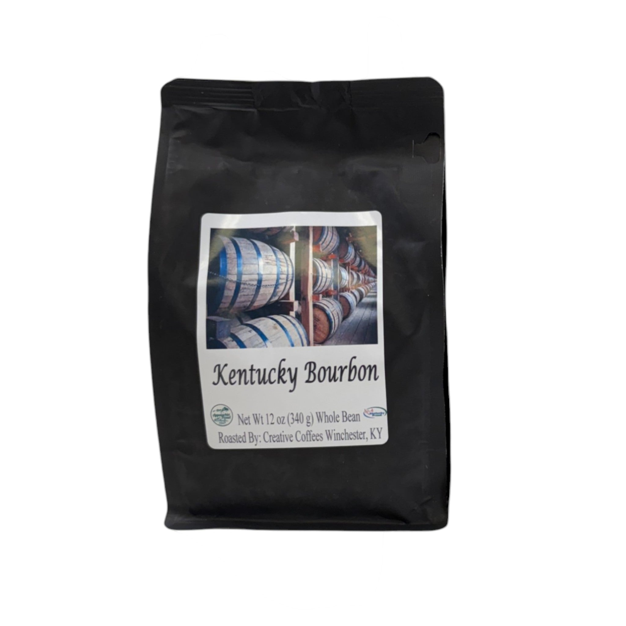 A detail shot of the 12oz bag of Kentucky Bourbon Whole Bean Coffee included in the gift box.