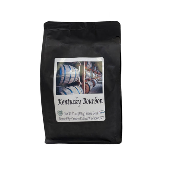 A detail shot of the 12oz bag of Kentucky Bourbon Whole Bean Coffee included in the gift box.